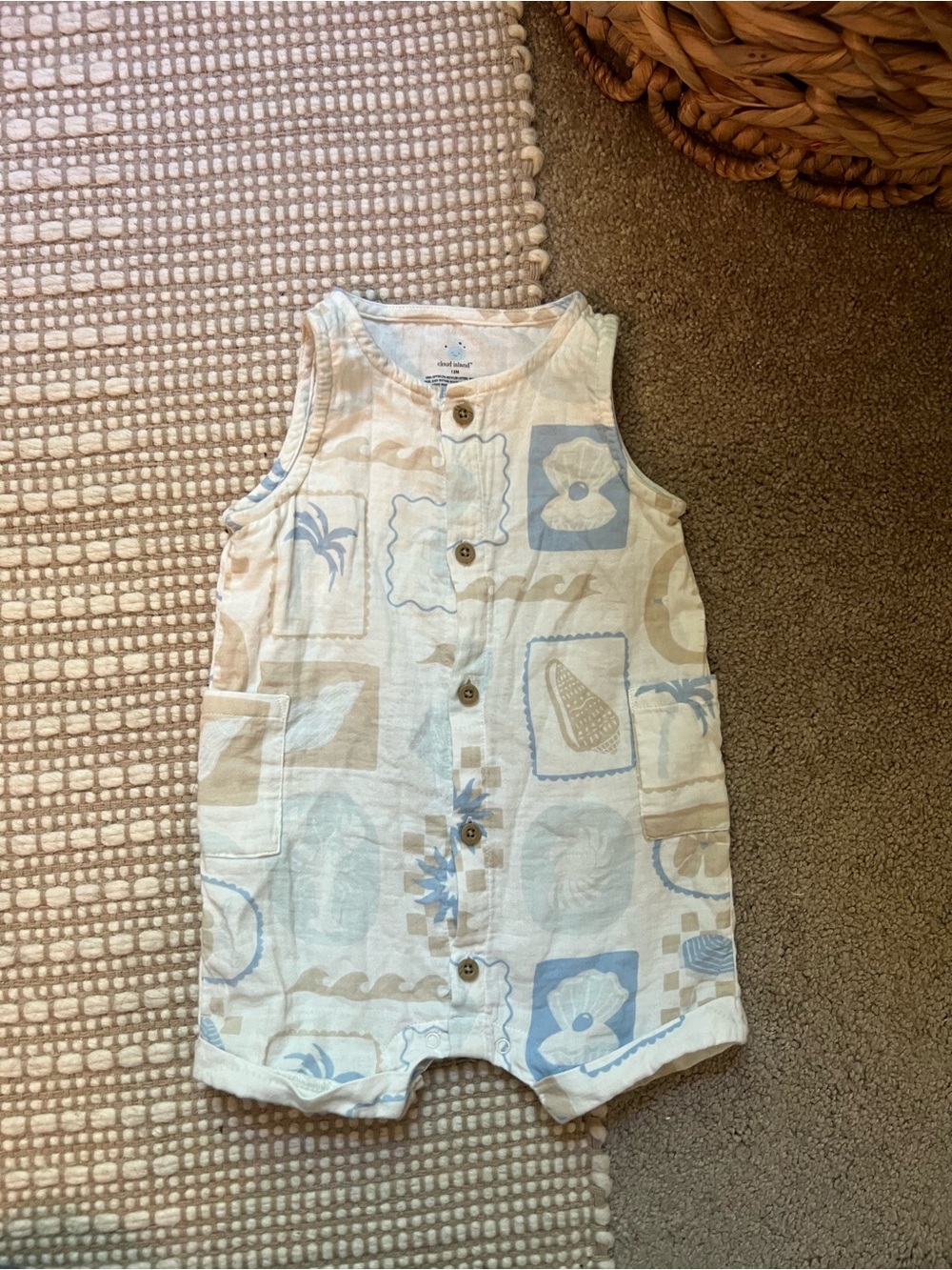 Cloud island- Seashell Print Baby Romper - Light Blue & Beige